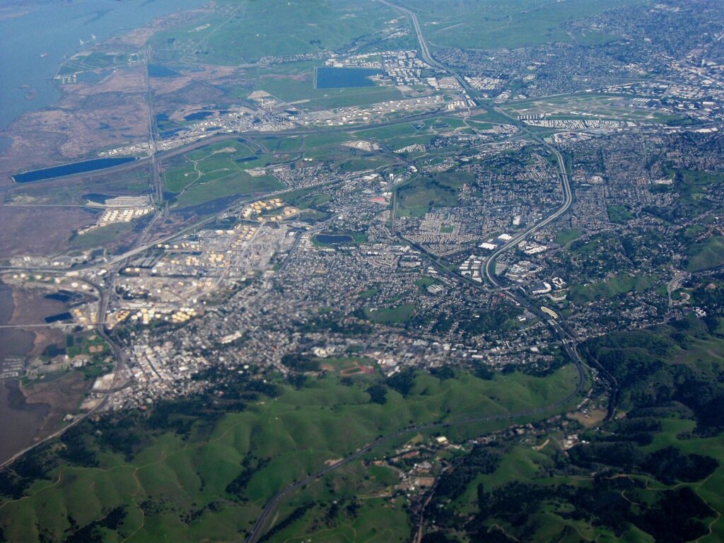 Aerial view of Martinez, the Contra Costa County seat, beside the Carquinez Strait