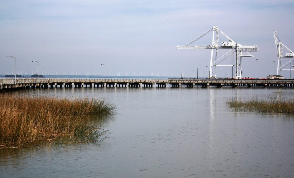 A gantry crane on Pier 3 at Military Ocean Terminal Concord