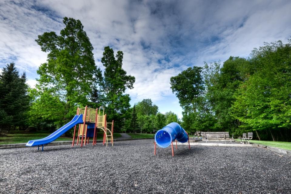 A park playground with a slide under a cloudy sky