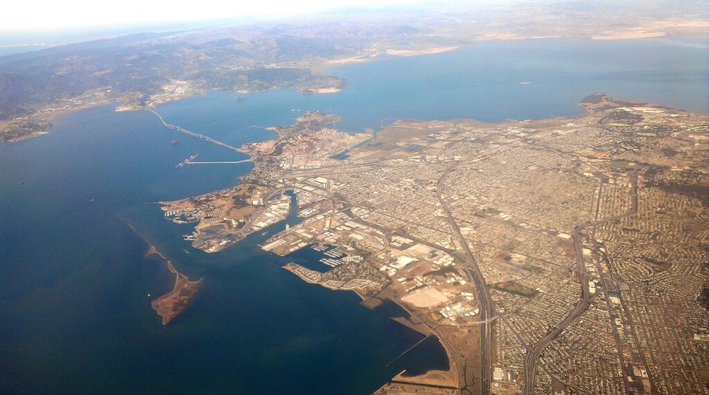 Aerial view of Richmond and its shoreline on San Francisco Bay
